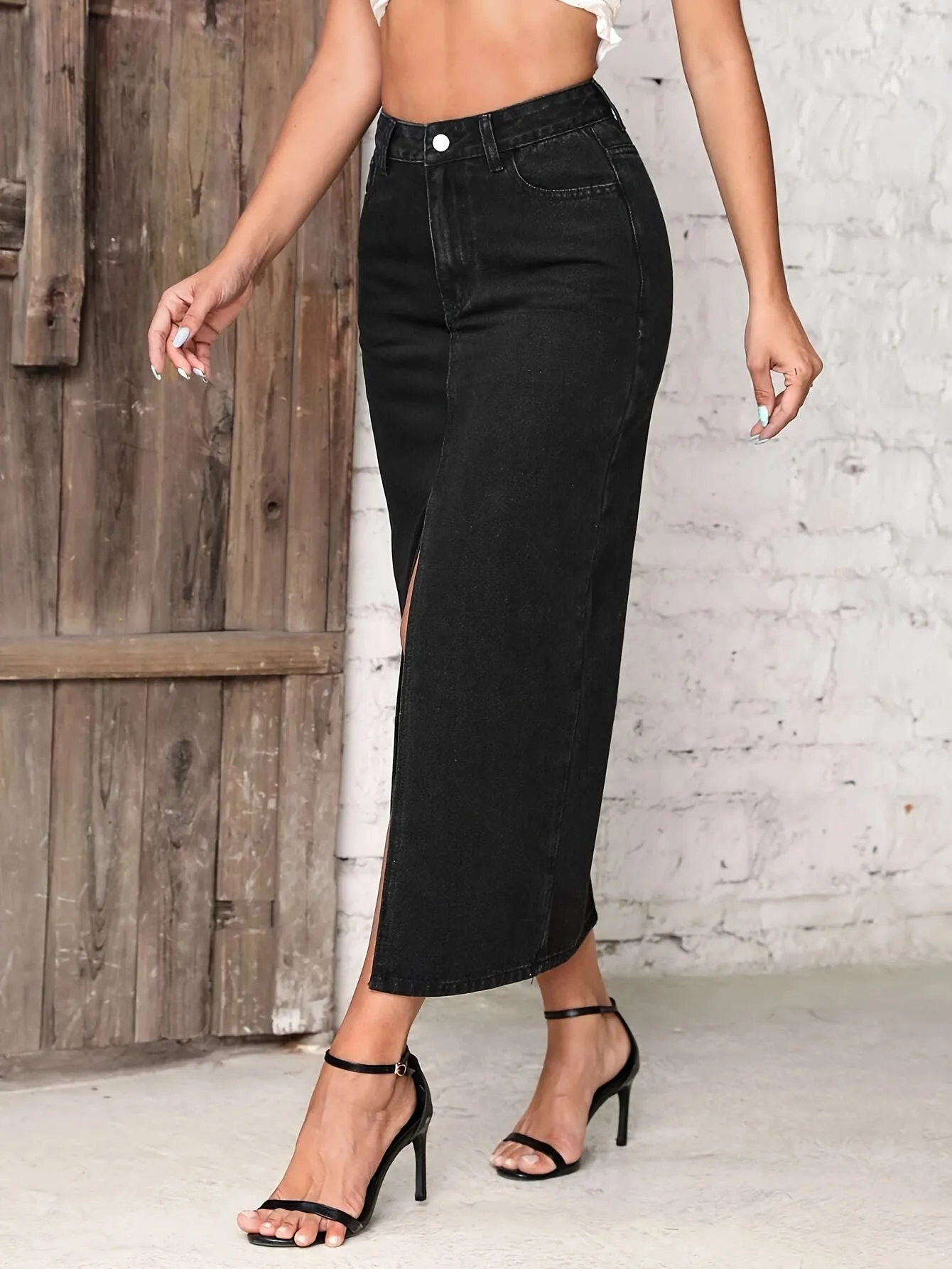xieyinshe  Split Front Tight Denim Skirts, Vintage Style Washed Sexy Denim Skirts, Women's Denim Clothing
