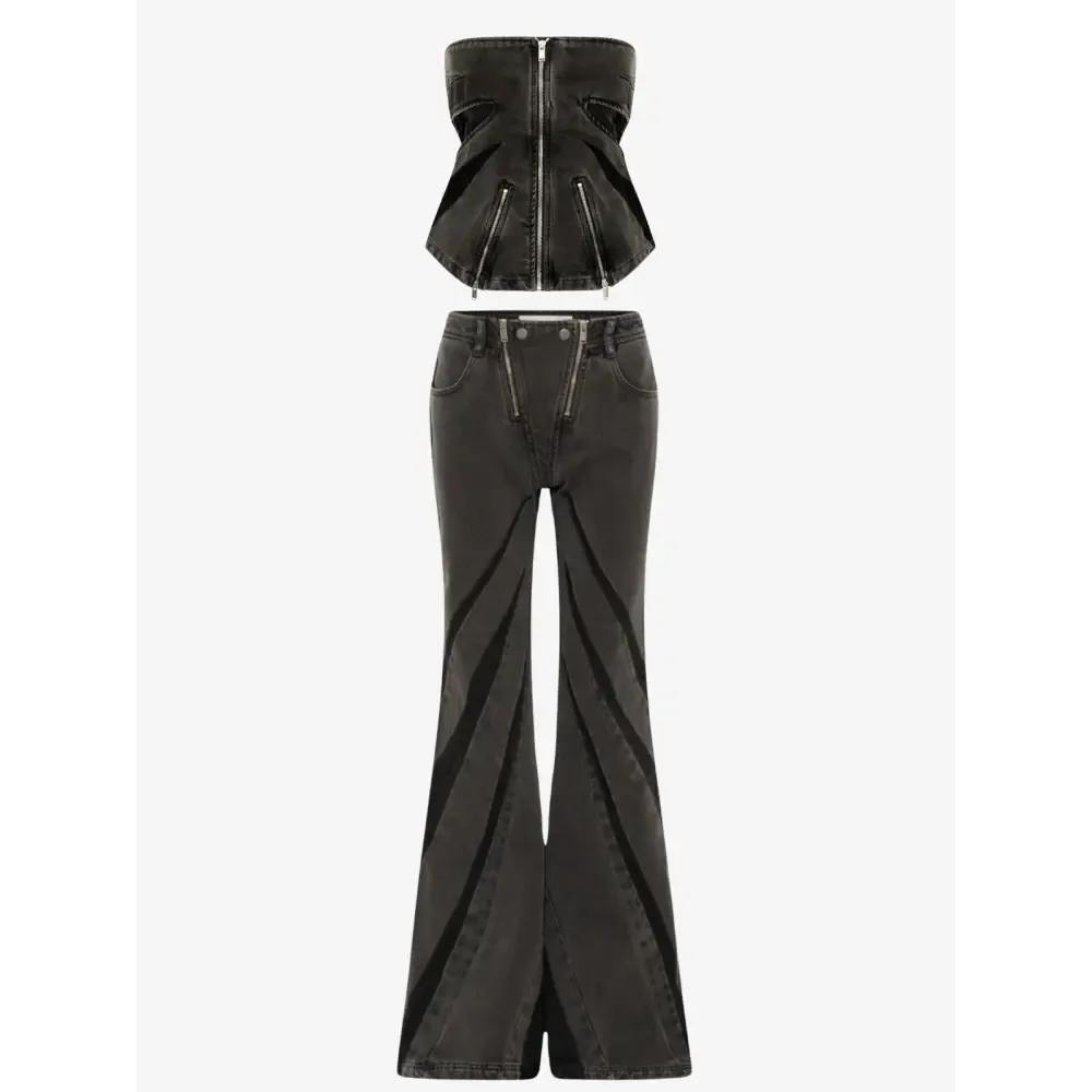 Y2K Denim Two-Piece Set with Tube Top and Patch Jeans