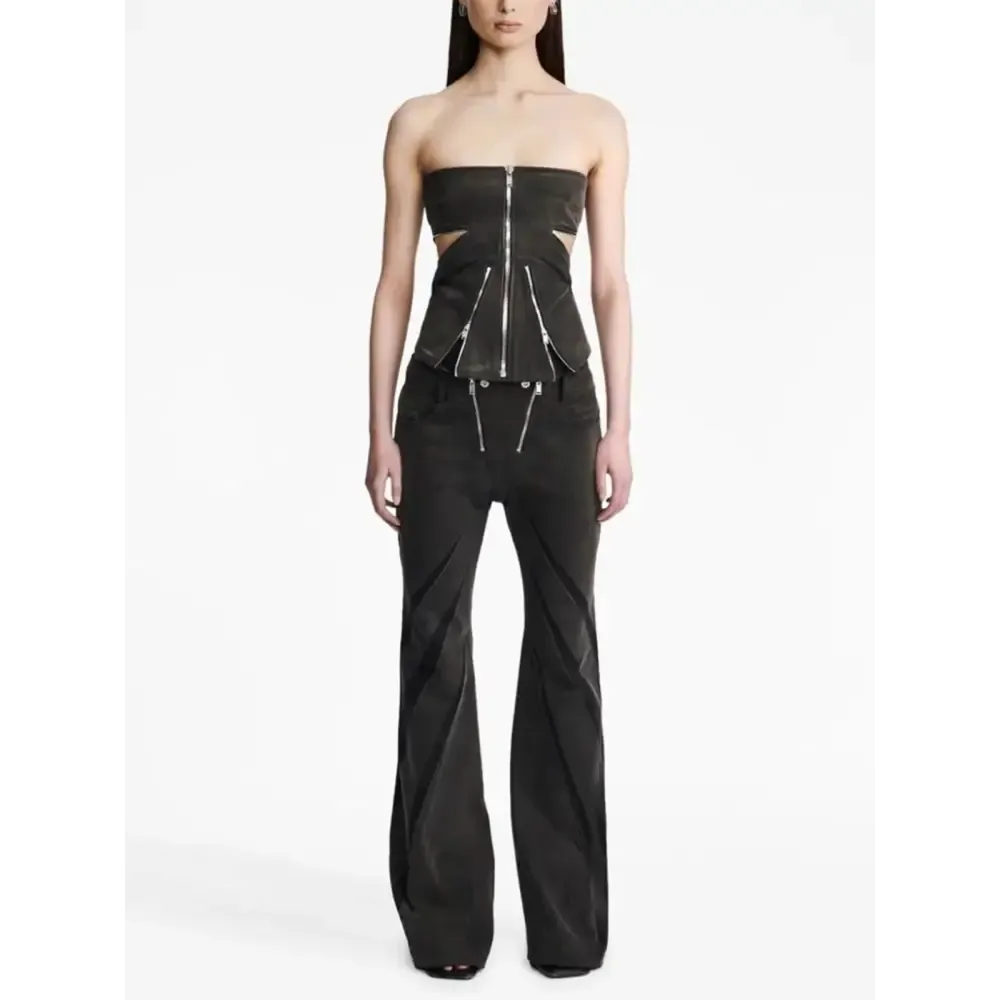 Y2K Denim Two-Piece Set with Tube Top and Patch Jeans