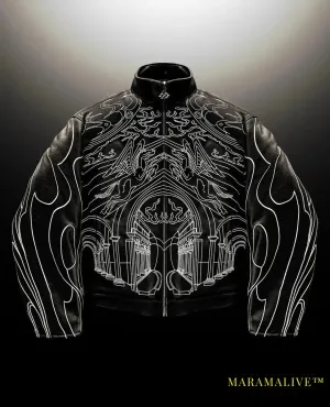 Y2k Jackets for Men Gothic Retro Black Leather Jacket Oversized Line Pattern Harajuku Punk Long Sleeve Zipper Jacket Clothing