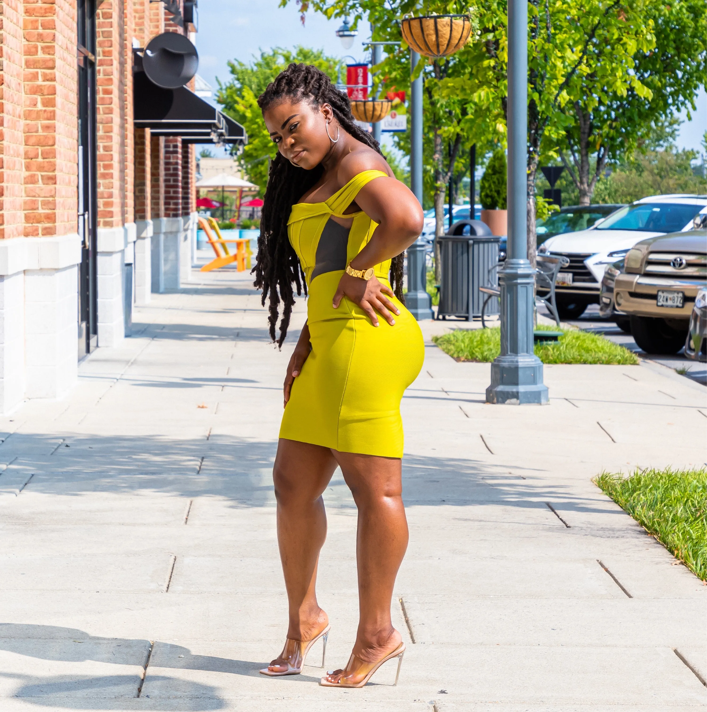 Yellow-Green Off Shoulder Bandage Dress