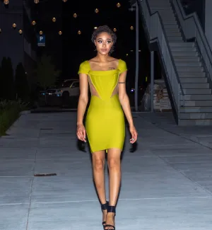 Yellow-Green Off Shoulder Bandage Dress