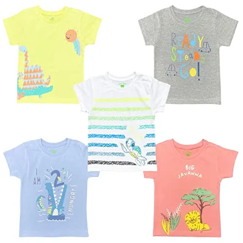 YUV Kids Babies Printed Multicolor 100% Cotton Half Sleeve T shirt | T Shirt For Babies Super Soft Breathable Lightweight | Kids Tshirt For Babies | T-shirt Gifts For Babies | 18 to 24 Months Babies, Pack of 5