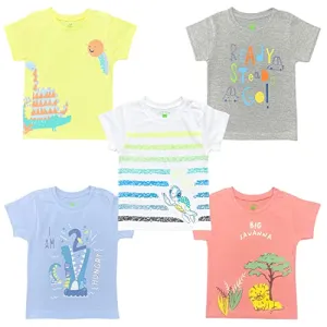 YUV Kids Babies Printed Multicolor 100% Cotton Half Sleeve T shirt | T Shirt For Babies Super Soft Breathable Lightweight | Kids Tshirt For Babies | T-shirt Gifts For Babies | 18 to 24 Months Babies, Pack of 5